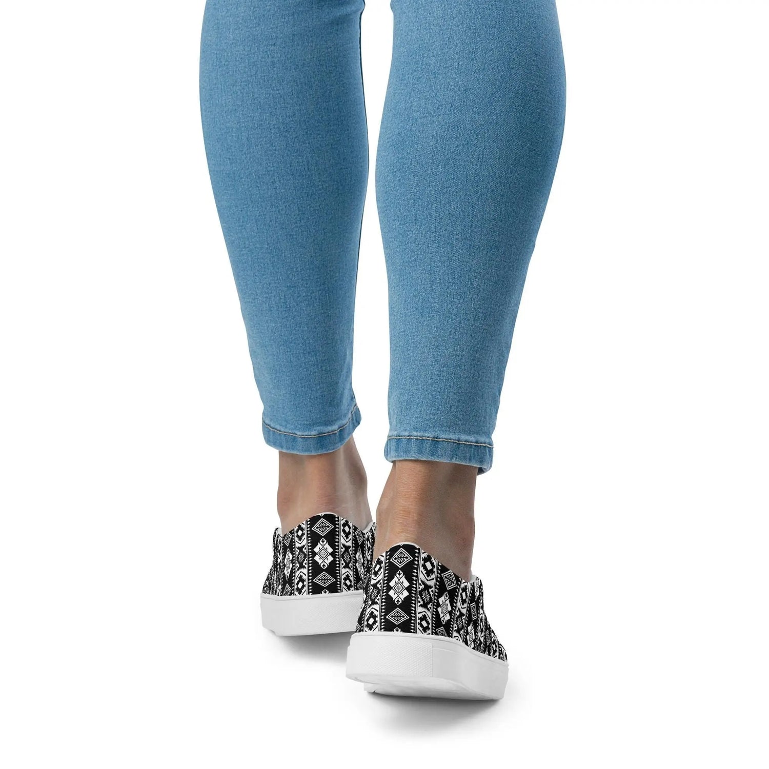 Women’s slip-on canvas shoes, Tribal pattern print fashion school work play casaul everyday style jean skirt shorts skater shoe