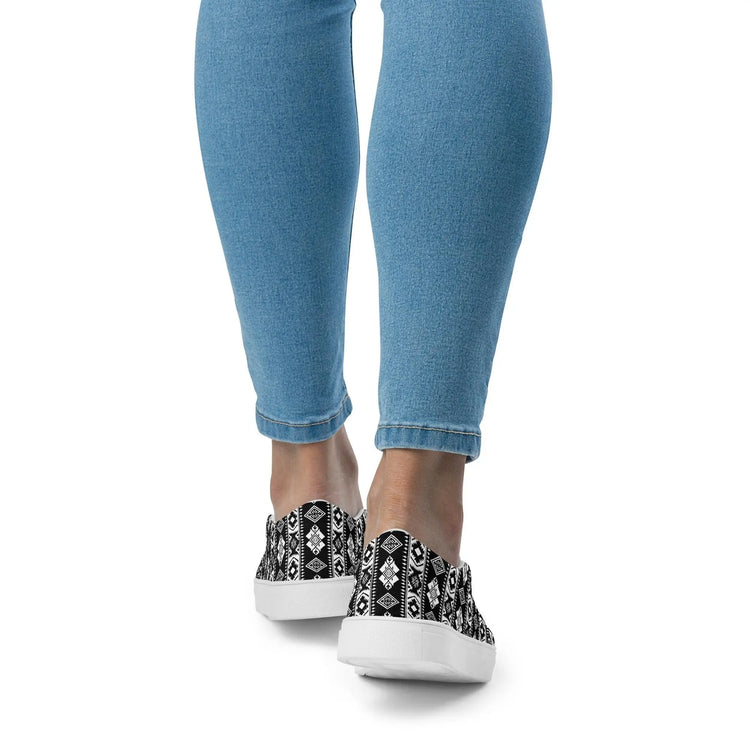 Women’s slip-on canvas shoes, Tribal pattern print fashion school work play casaul everyday style jean skirt shorts skater shoe