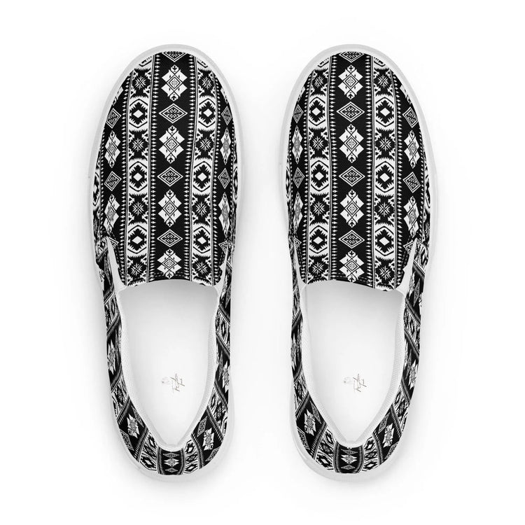 Women’s slip-on canvas shoes, Tribal pattern print fashion school work play casaul everyday style jean skirt shorts skater shoe