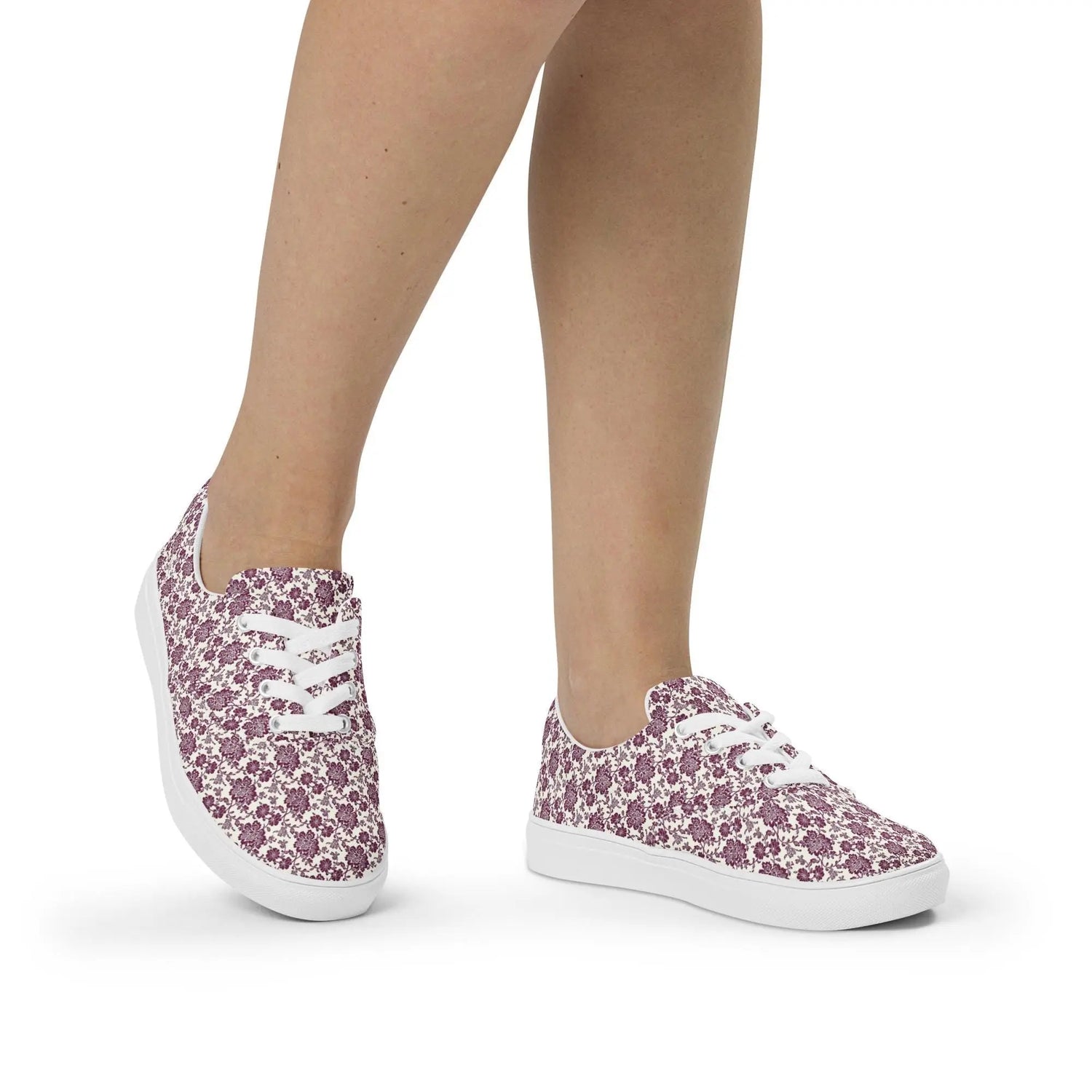 Women’s lace-up canvas shoes, burgandy floral allo over print pattern casual wlking shopping fabric tennis sneaker shoe
