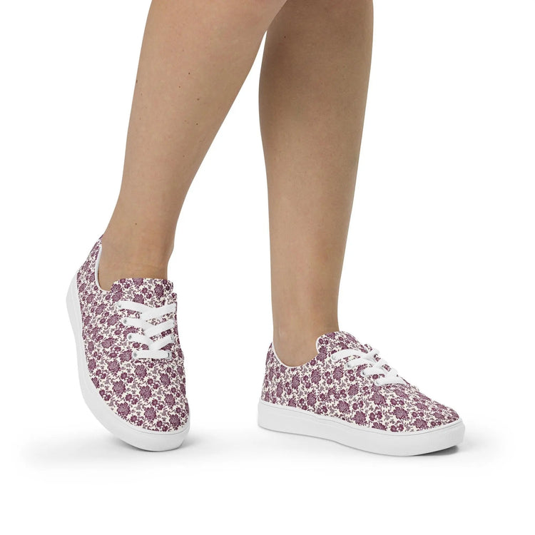 Women’s lace-up canvas shoes, burgandy floral allo over print pattern casual wlking shopping fabric tennis sneaker shoe