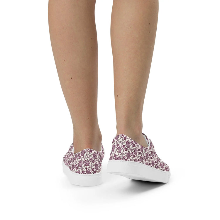 Women’s lace-up canvas shoes, burgandy floral allo over print pattern casual wlking shopping fabric tennis sneaker shoe