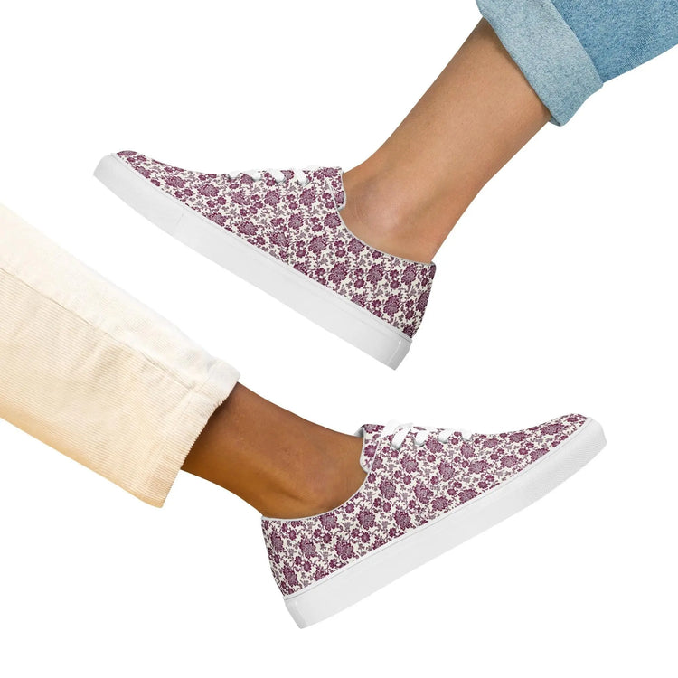 Women’s lace-up canvas shoes, burgandy floral allo over print pattern casual wlking shopping fabric tennis sneaker shoe