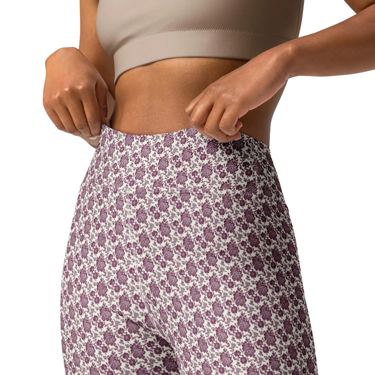 Yoga Leggings, Burgandy floral all over pattern design stretchy comfy flexible workout gym casual stylish pants The Aurora Touch