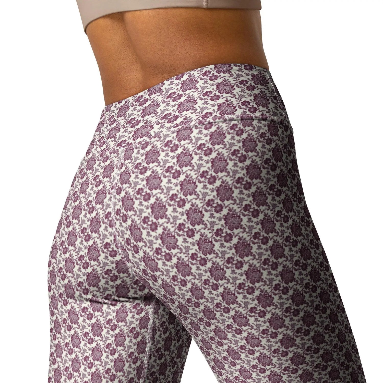 Yoga Leggings, Burgandy floral all over pattern design stretchy comfy flexible workout gym casual stylish pants The Aurora Touch