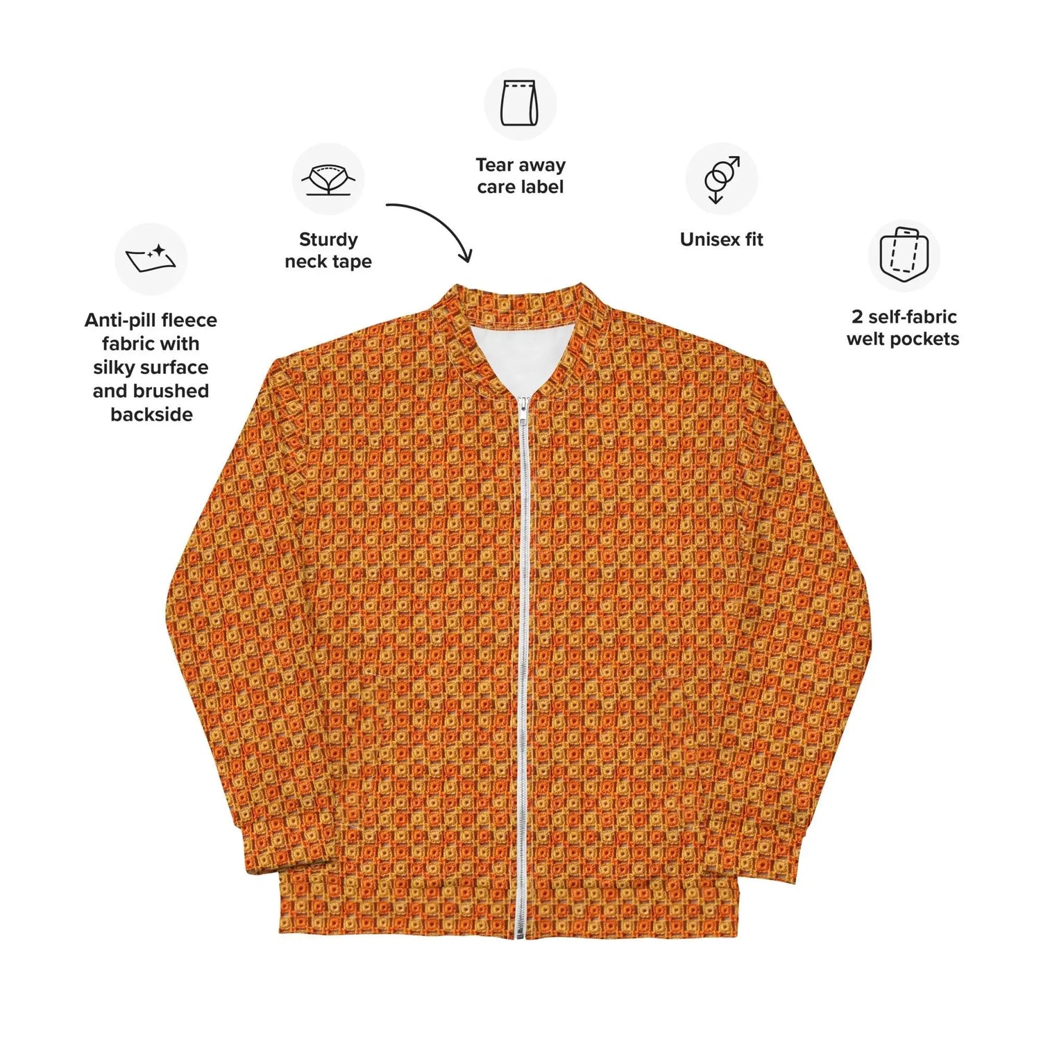 Unisex Bomber Jacket, women men orange crotchet all over print stylish design casual modern day special event every day designer clothing The Aurora Touch