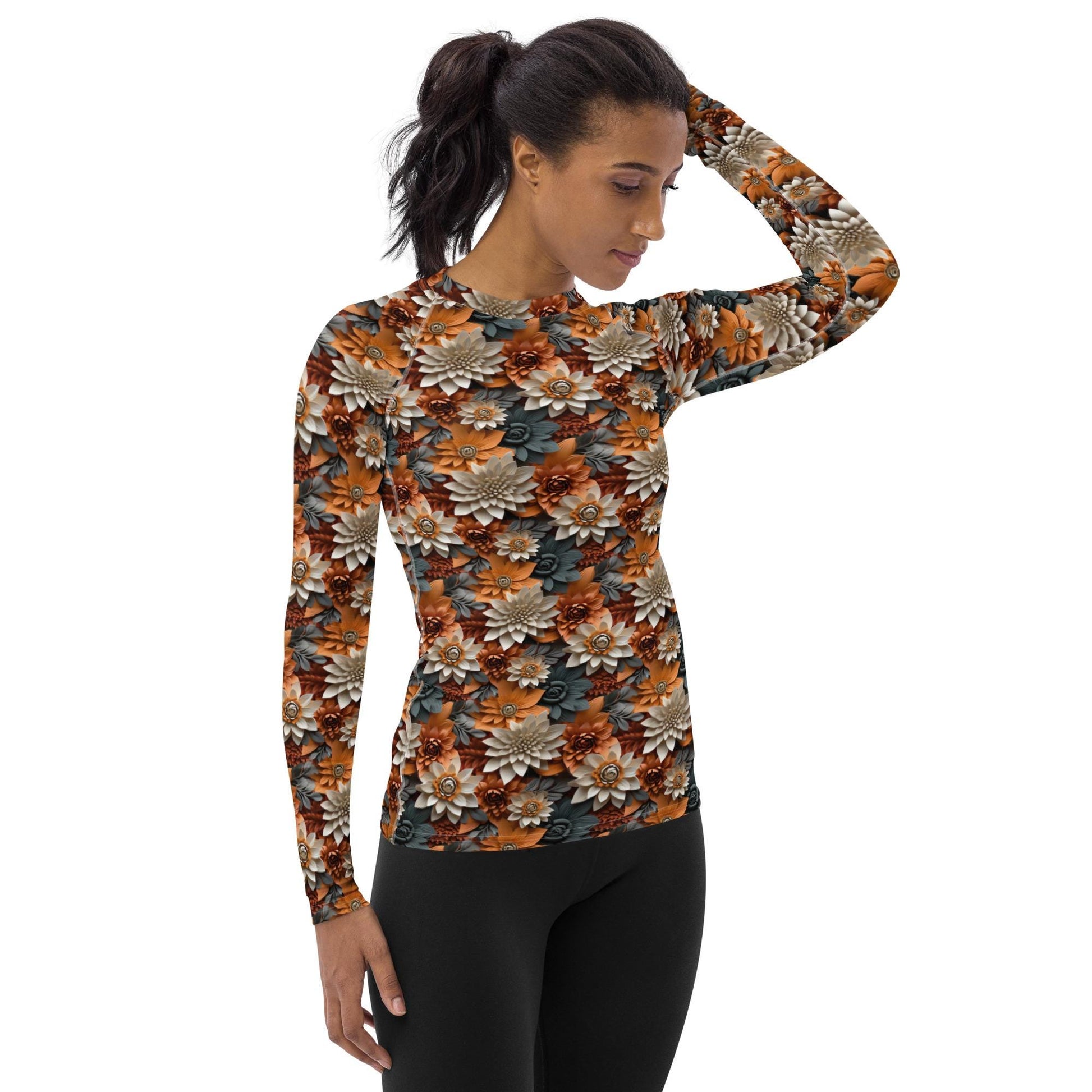 Women&#39;s Rash Guard, Autumn Fall 3D floral pattern long sleeve womens workout casual wear leggings jean smooth shirt