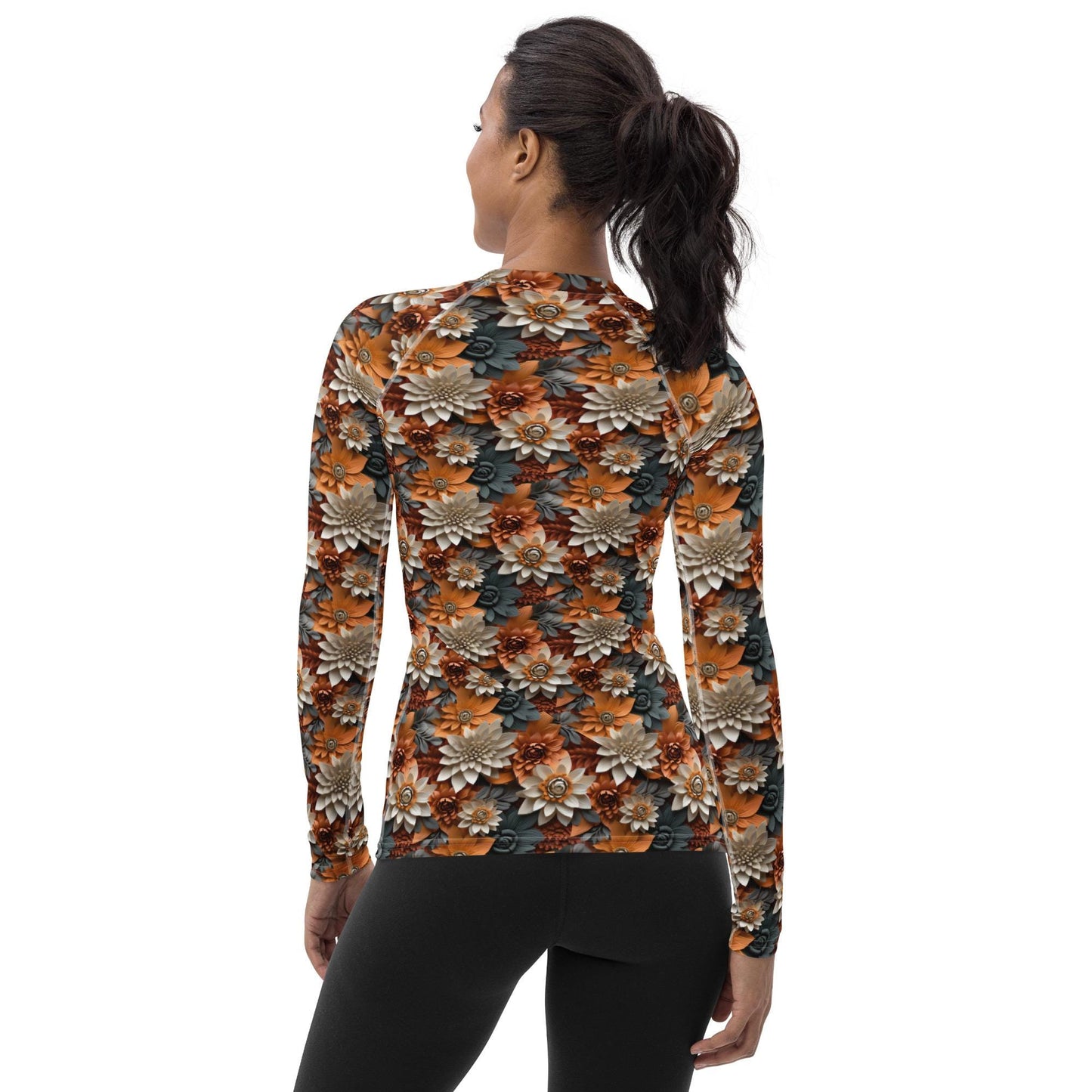 Women&#39;s Rash Guard, Autumn Fall 3D floral pattern long sleeve womens workout casual wear leggings jean smooth shirt