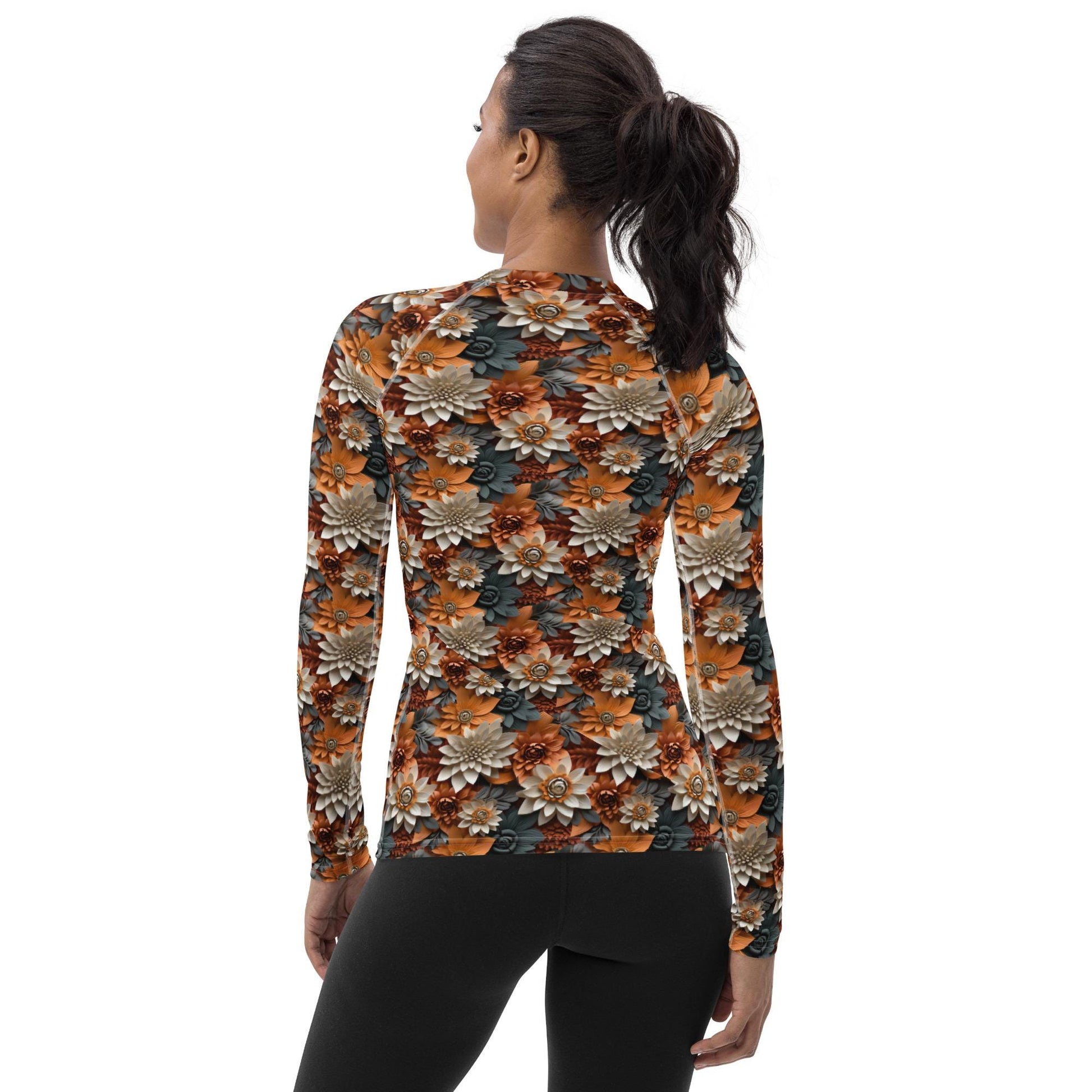 Women&#39;s Rash Guard, Autumn Fall 3D floral pattern long sleeve womens workout casual wear leggings jean smooth shirt