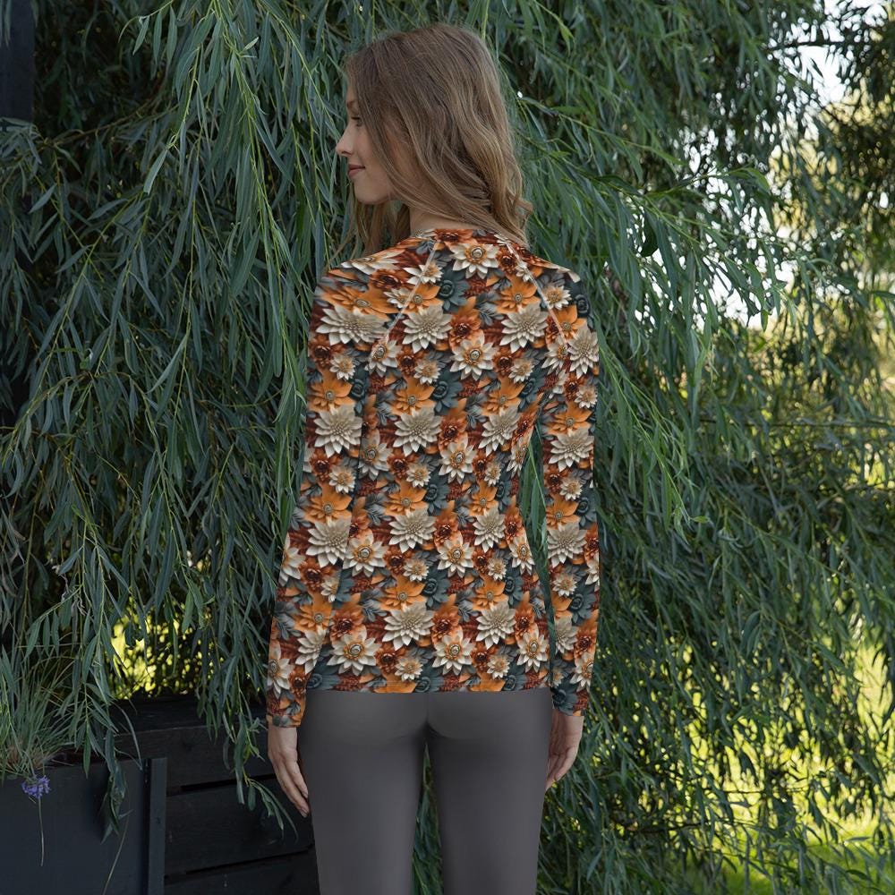 Women&#39;s Rash Guard, Autumn Fall 3D floral pattern long sleeve womens workout casual wear leggings jean smooth shirt