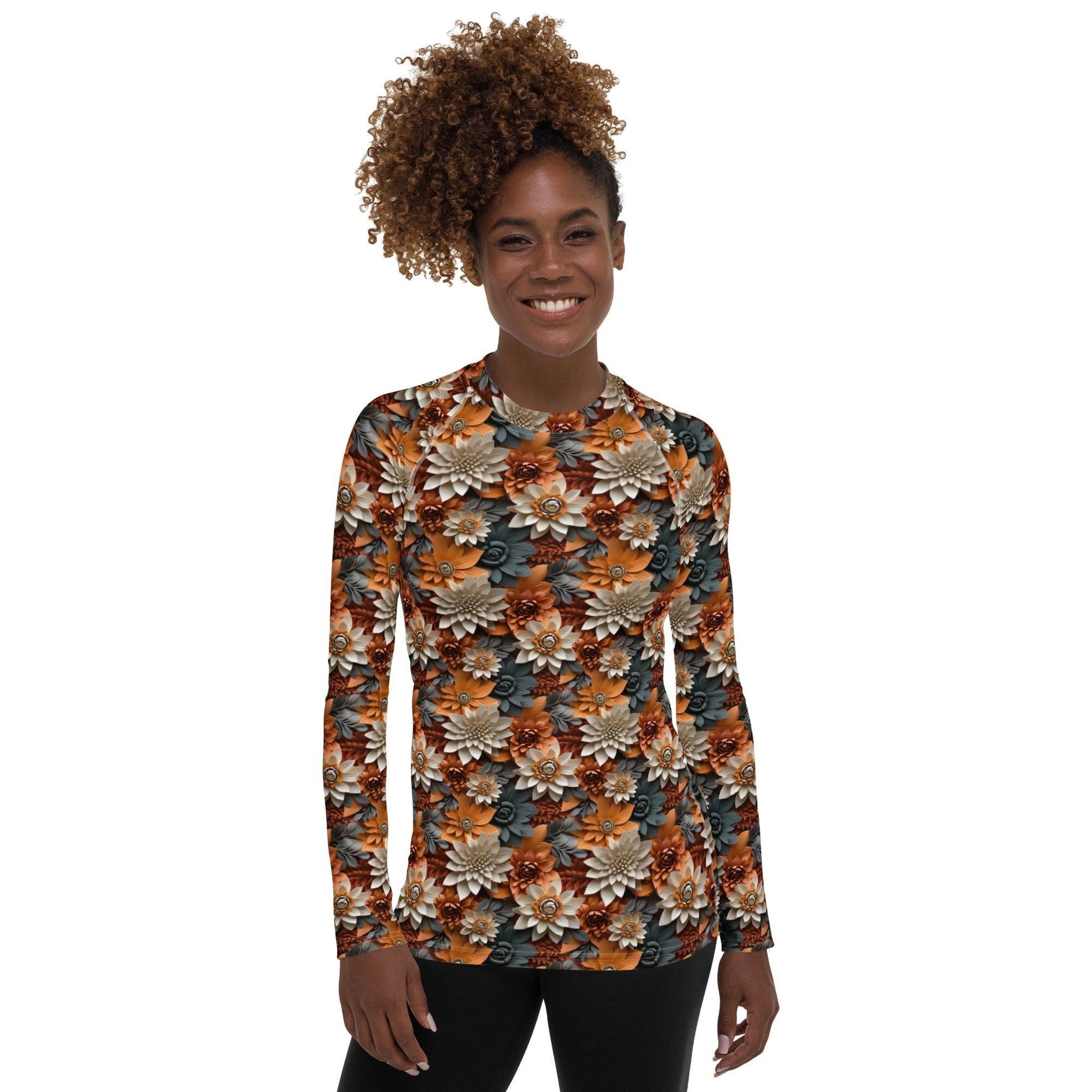 Women&#39;s Rash Guard, Autumn Fall 3D floral pattern long sleeve womens workout casual wear leggings jean smooth shirt