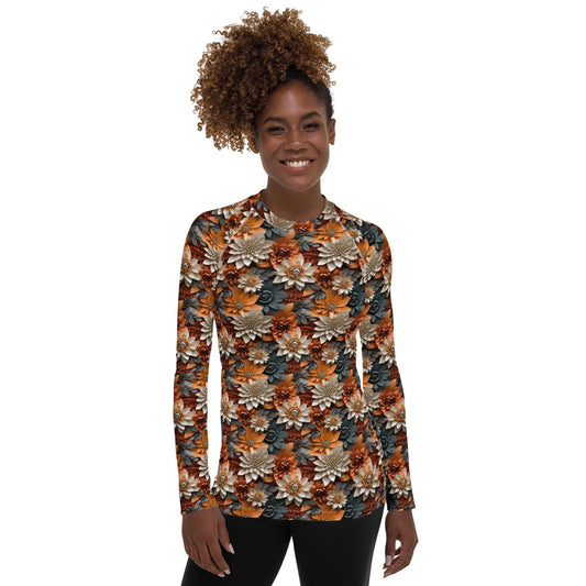 Women&#39;s Rash Guard, Autumn Fall 3D floral pattern long sleeve womens workout casual wear leggings jean smooth shirt