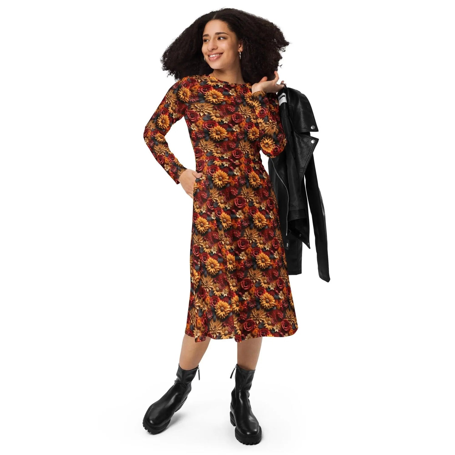 All-over print long sleeve midi dress. Autumn Fall 3D all over print pattern stylish runway high fashion holiday special floral dress