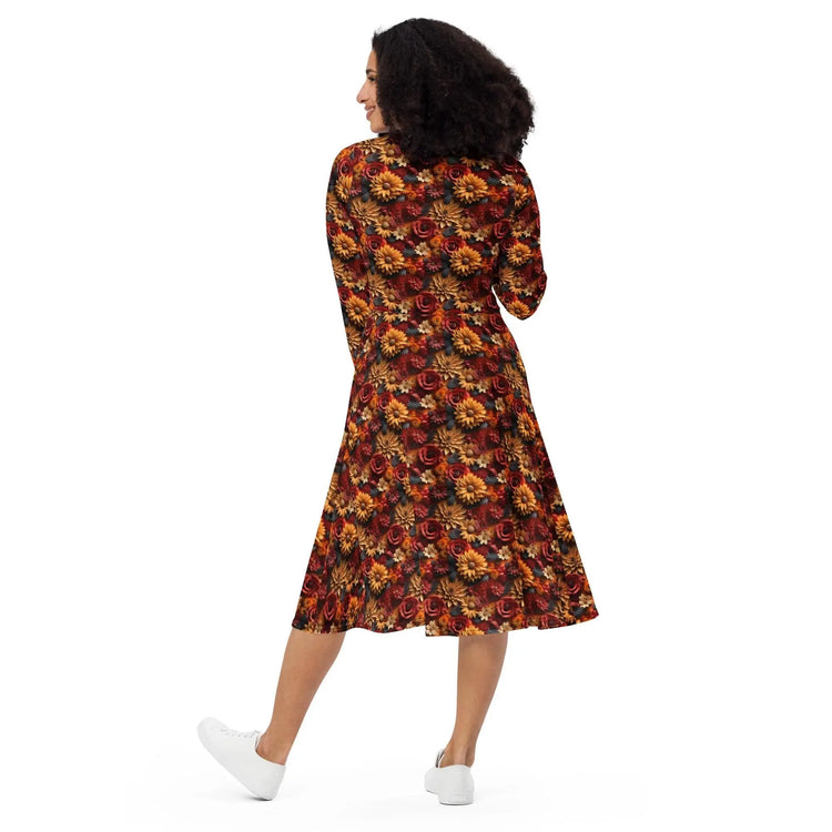 All-over print long sleeve midi dress. Autumn Fall 3D all over print pattern stylish runway high fashion holiday special floral dress