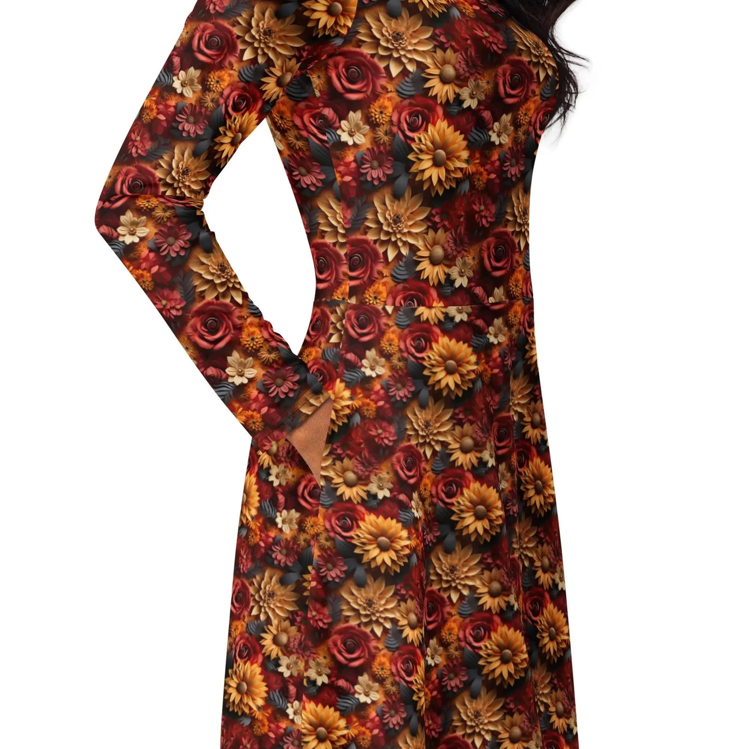 All-over print long sleeve midi dress. Autumn Fall 3D all over print pattern stylish runway high fashion holiday special floral dress The Aurora Touch