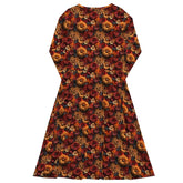 All-over print long sleeve midi dress. Autumn Fall 3D all over print pattern stylish runway high fashion holiday special floral dress