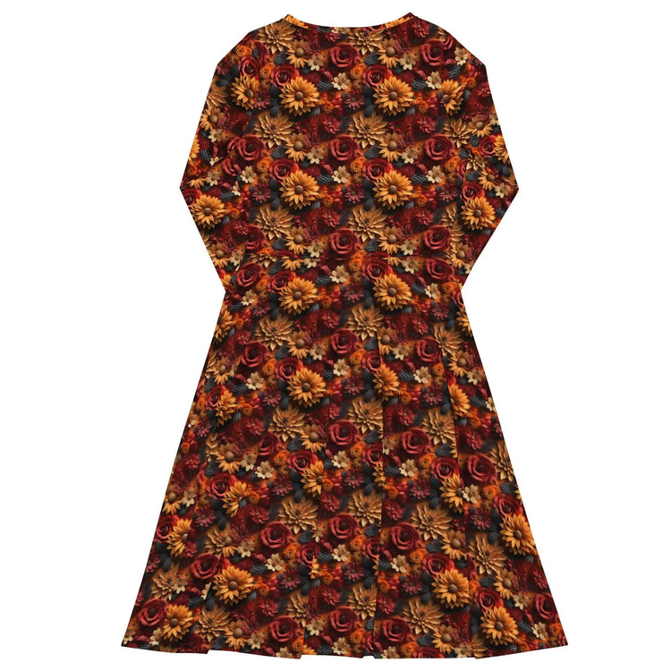 All-over print long sleeve midi dress. Autumn Fall 3D all over print pattern stylish runway high fashion holiday special floral dress