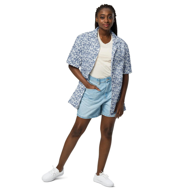 Unisex button shirt, Mens all over print pattern light airy casual everyday jean short trendy stylish youthful travel tropical style shirt
