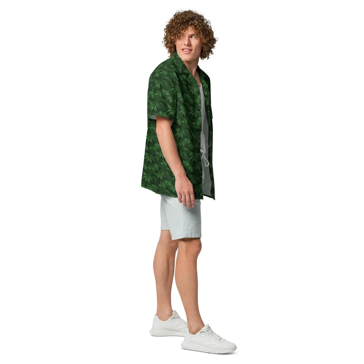 Unisex button shirt, green floral all over print pattern casual breezy light weight everyday men&