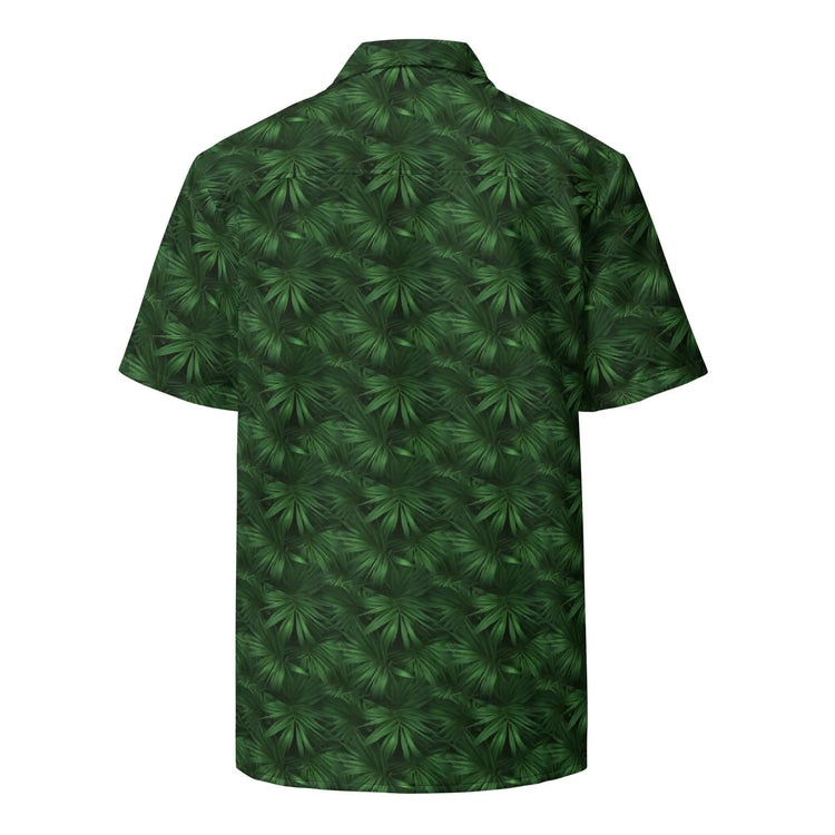 Unisex button shirt, green floral all over print pattern casual breezy light weight everyday men&