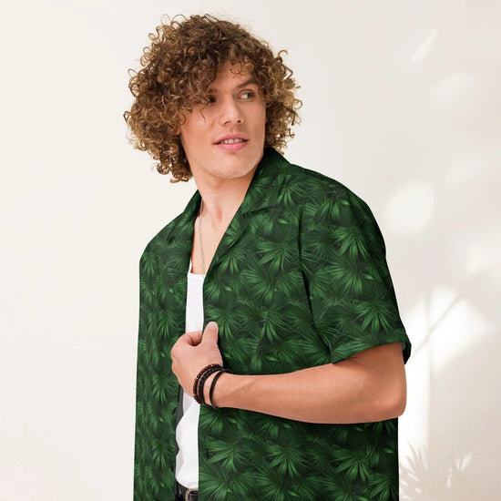 Unisex button shirt, green floral all over print pattern casual breezy light weight everyday men&