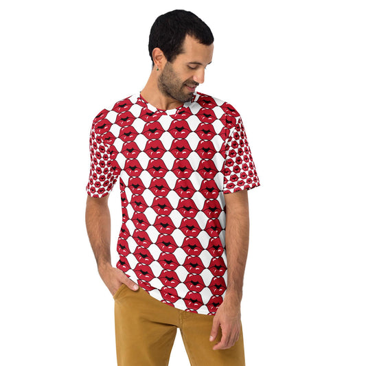 Men's t-shirt, Hot red lips all over pattern design runway fashion style casual soft to touch jean shorts joggers under blazer shirt