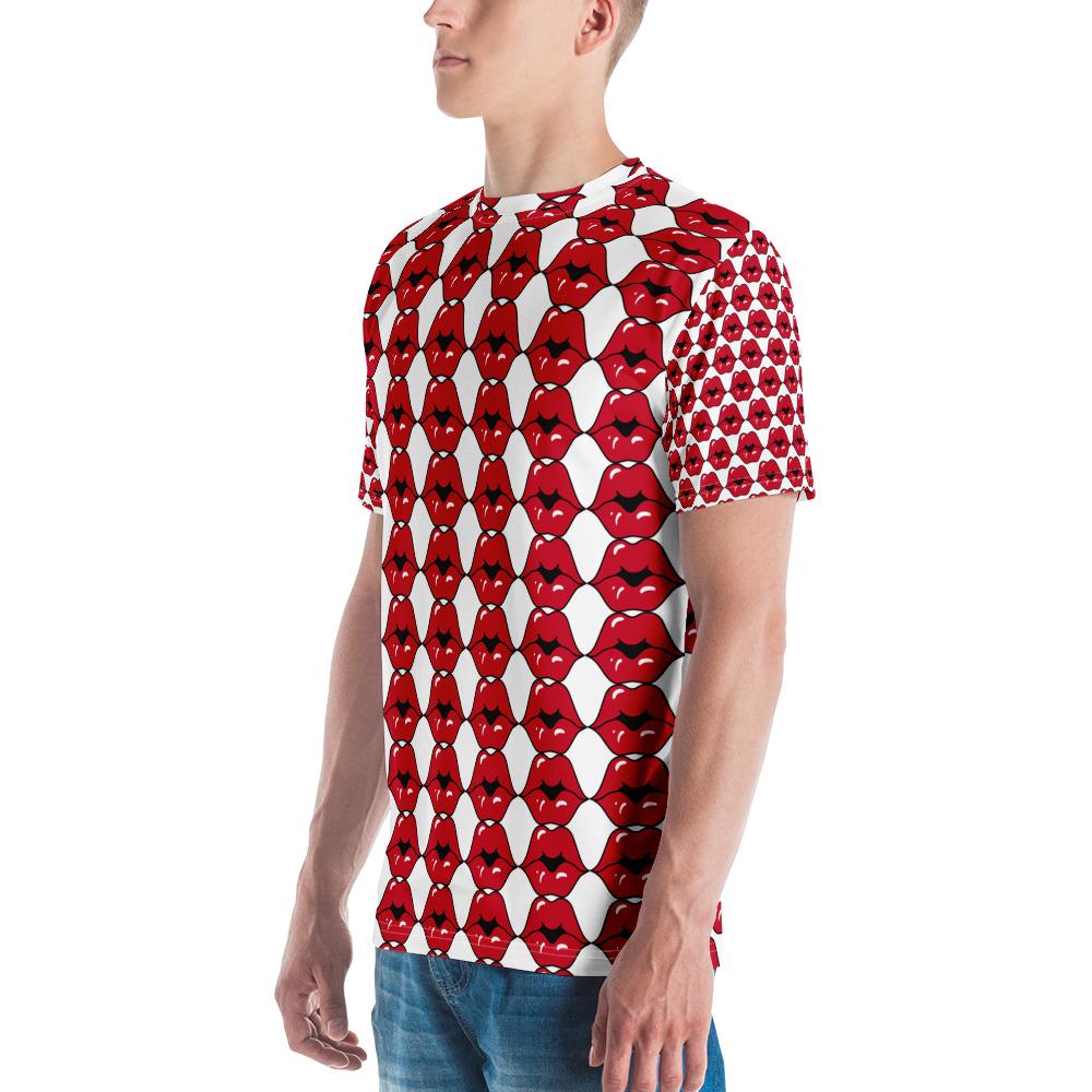 Men&#39;s t-shirt, Hot red lips all over pattern design runway fashion style casual soft to touch jean shorts joggers under blazer shirt