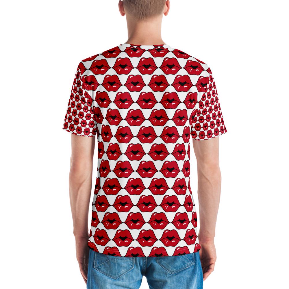 Men&#39;s t-shirt, Hot red lips all over pattern design runway fashion style casual soft to touch jean shorts joggers under blazer shirt