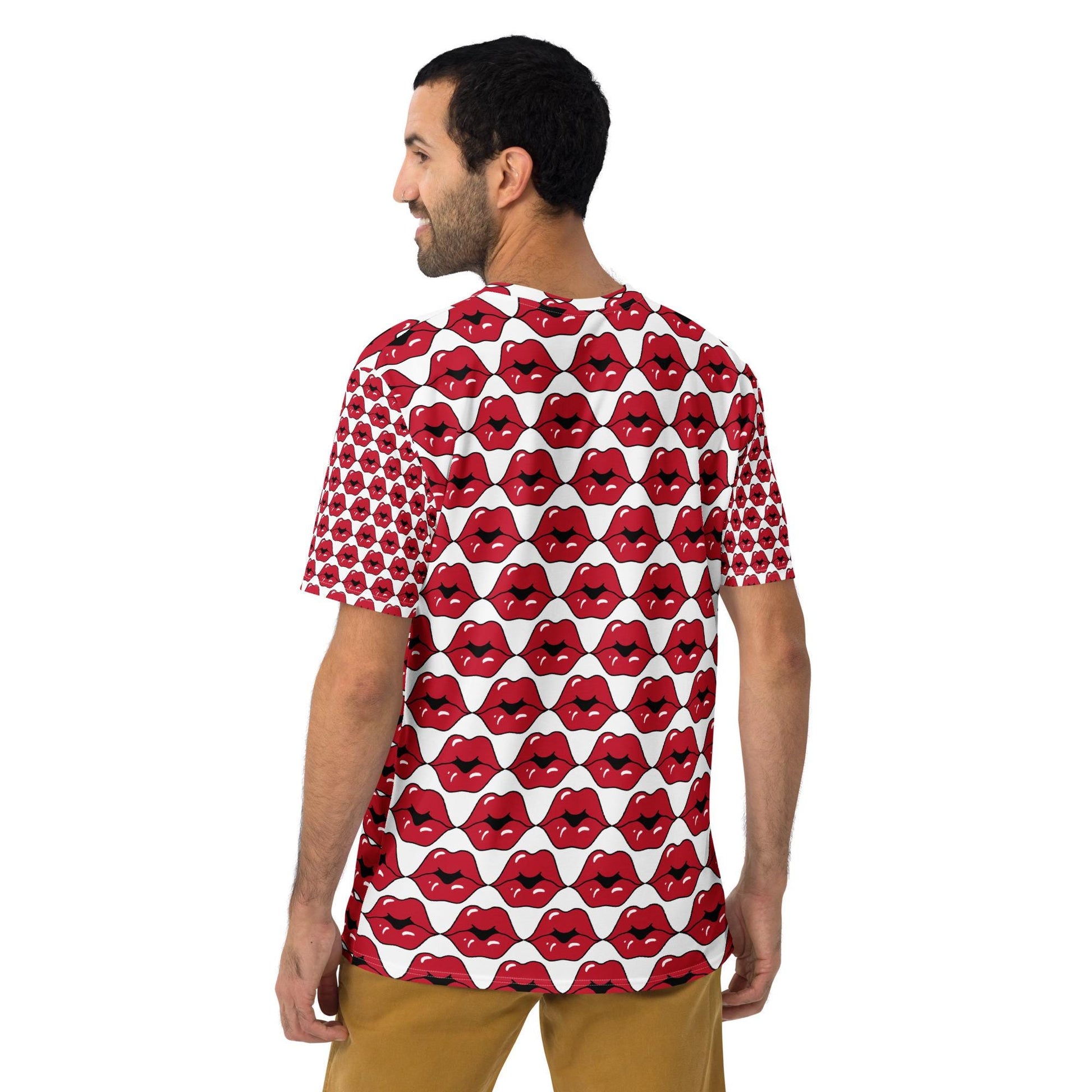 Men&#39;s t-shirt, Hot red lips all over pattern design runway fashion style casual soft to touch jean shorts joggers under blazer shirt