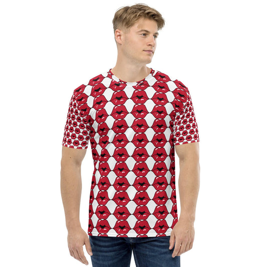 Men's t-shirt, Hot red lips all over pattern design runway fashion style casual soft to touch jean shorts joggers under blazer shirt
