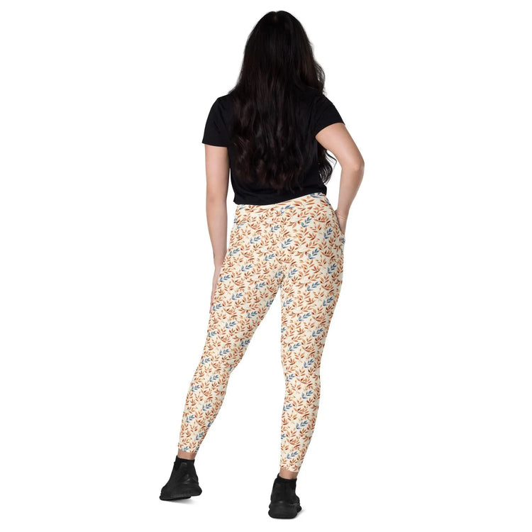 Leggings with pockets, Autumn leaves pattern Fall look stretchy yoga pilates gymn stylish everday sweater blazer pairing spandex pants