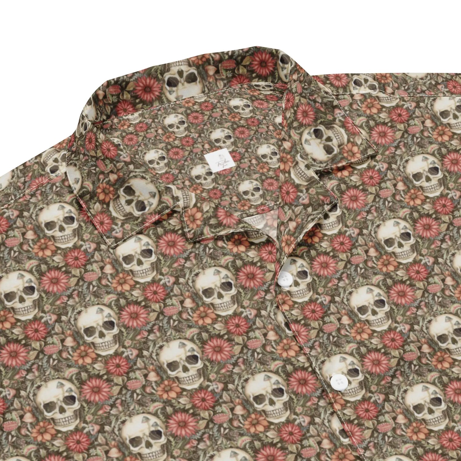 Unisex button shirt, sugar skull floral theme all over print casual light airy button up moisture wick dinner lunch beach day comfort shirt The Aurora Touch