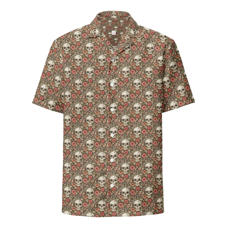 Unisex button shirt, sugar skull floral theme all over print casual light airy button up moisture wick dinner lunch beach day comfort shirt
