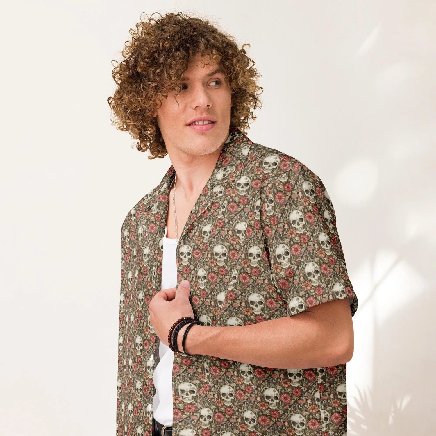 Unisex button shirt, sugar skull floral theme all over print casual light airy button up moisture wick dinner lunch beach day comfort shirt The Aurora Touch