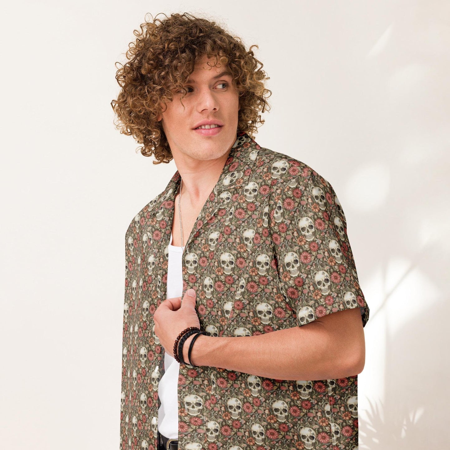 Unisex button shirt, sugar skull floral theme all over print casual light airy button up moisture wick dinner lunch beach day comfort shirt