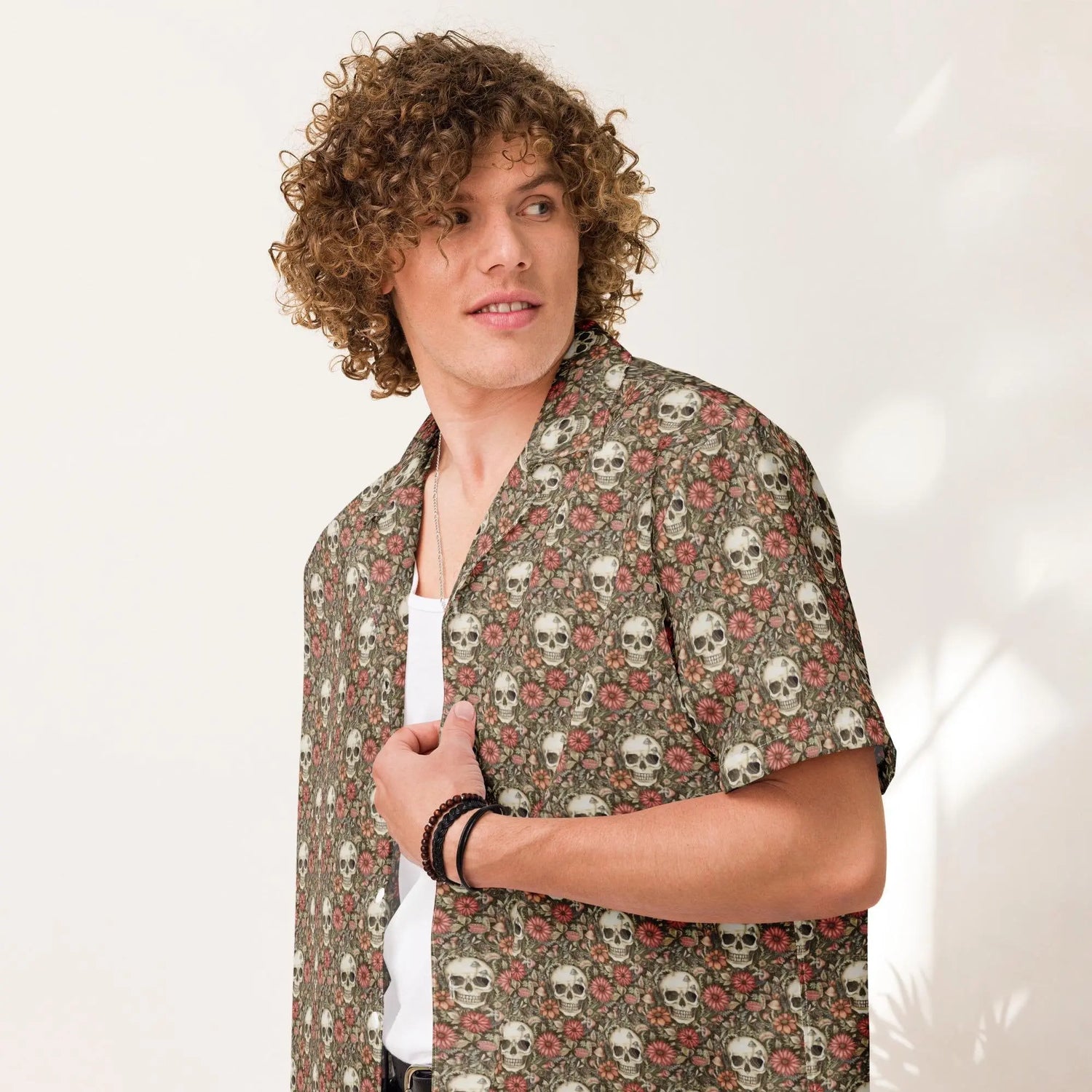 Unisex button shirt, sugar skull floral theme all over print casual light airy button up moisture wick dinner lunch beach day comfort shirt