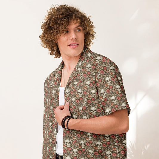 Unisex button shirt, sugar skull floral theme all over print casual light airy button up moisture wick dinner lunch beach day comfort shirt