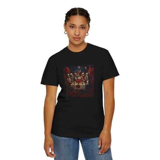 Unisex Garment-Dyed T-shirt, Day of the Dead dinner party gathering colorful bright Mexican art display casual jean school work apparel wear The Aurora Touch