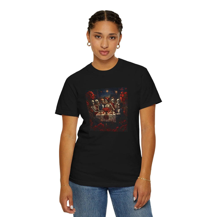 Unisex Garment-Dyed T-shirt, Day of the Dead dinner party gathering colorful bright Mexican art display casual jean school work apparel wear The Aurora Touch