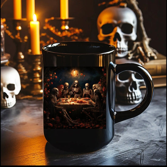 Black Mug, 15oz, Dia de Los Muertos Day Of the Dead Halloween festive skeleton family sit down dinner  designer holiday kitchen decor cup The Aurora Touch