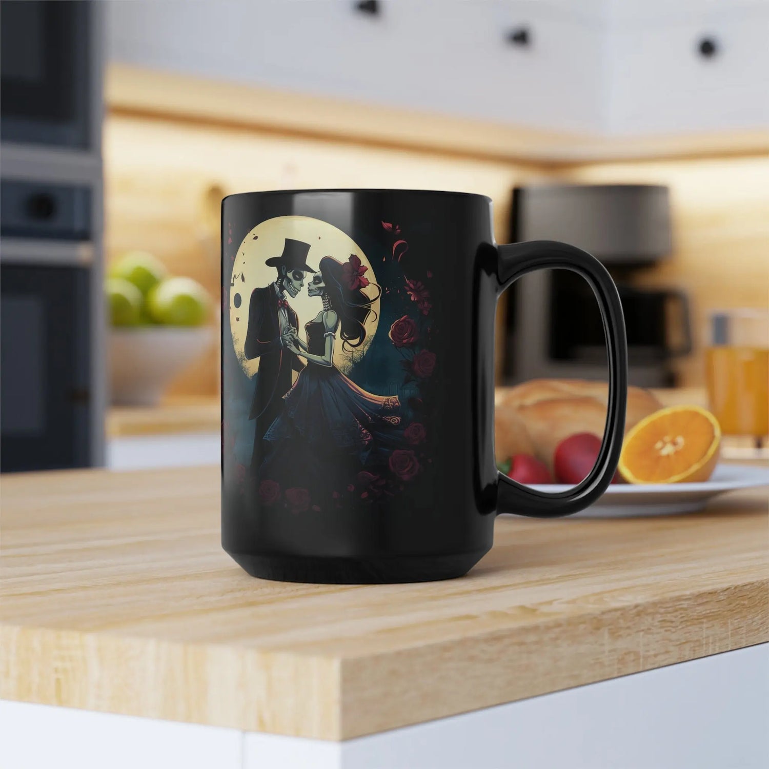 Black Mug, 15oz, Black Mug, Day of the Dead Dia de Los Muerto gothic artisic traditional Mexican art coffee tea beverag kitchen decor cup The Aurora Touch