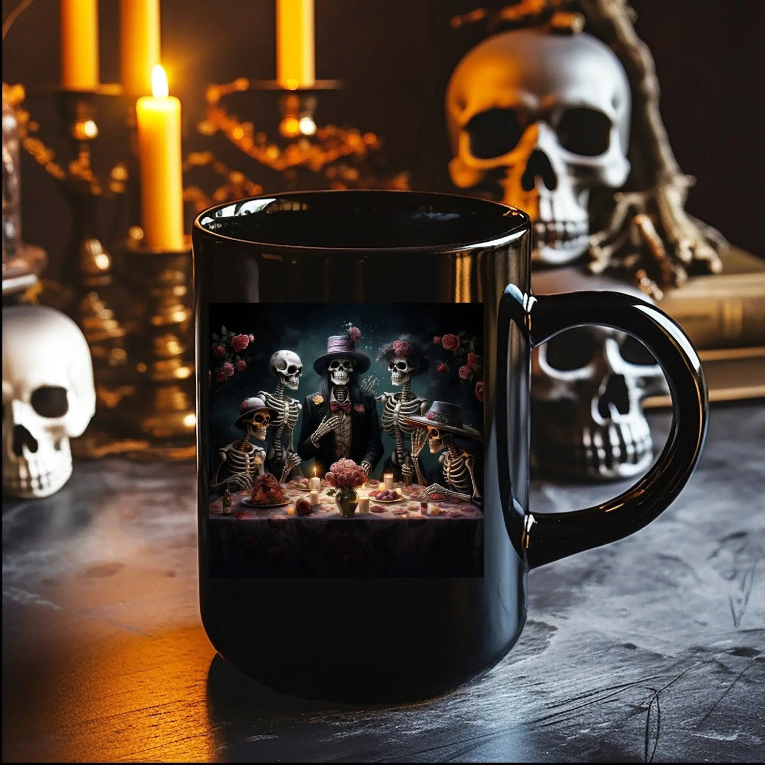 Black Mug, 15oz, Dia de Los Muertos Day Of the Dead Halloween festive family home single living traditional Mexican art kitchen beverage mug The Aurora Touch