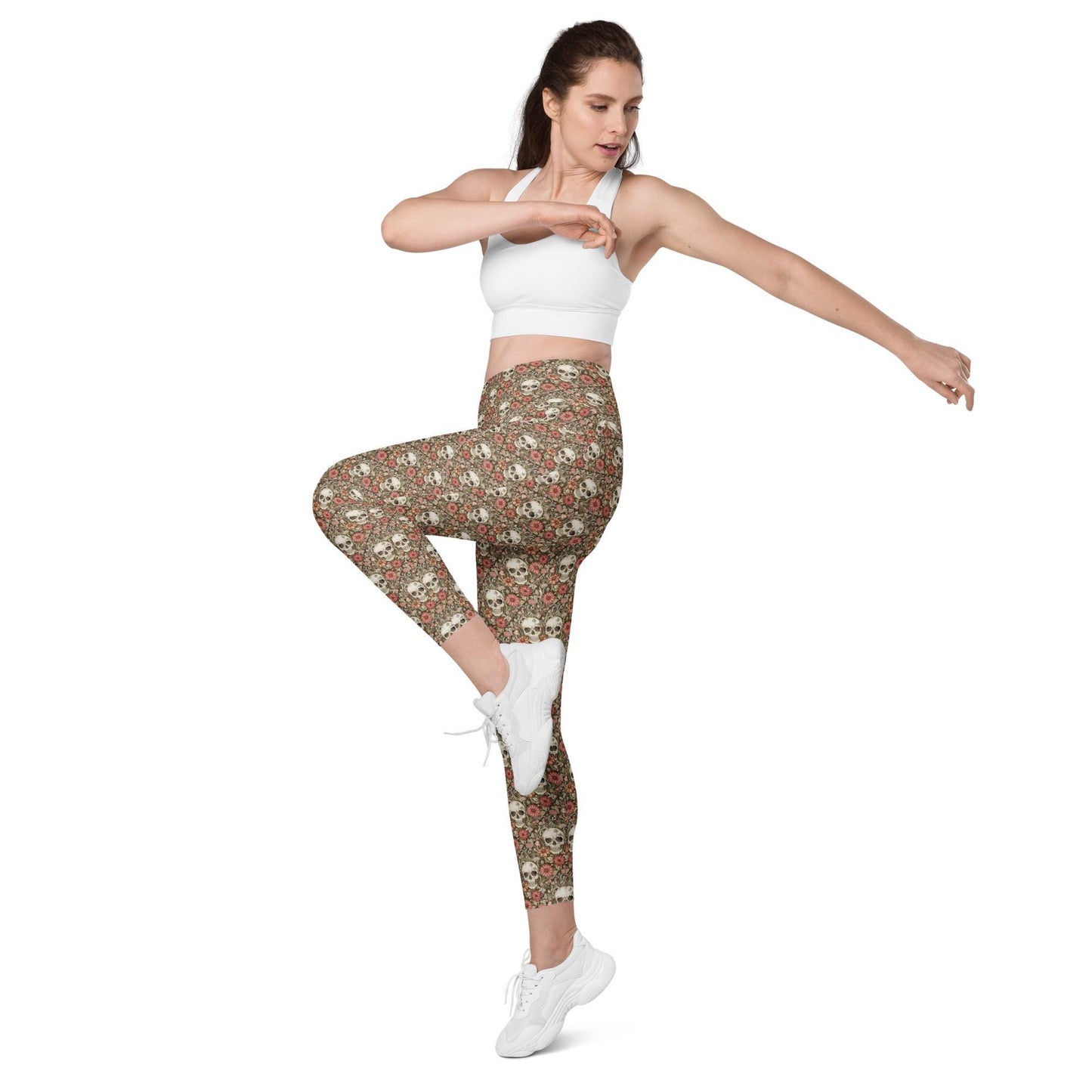 Leggings with pockets, Sugar skull day of the dead halloween themed fitted high waist all over pattern stretchy gym walking shopping pants