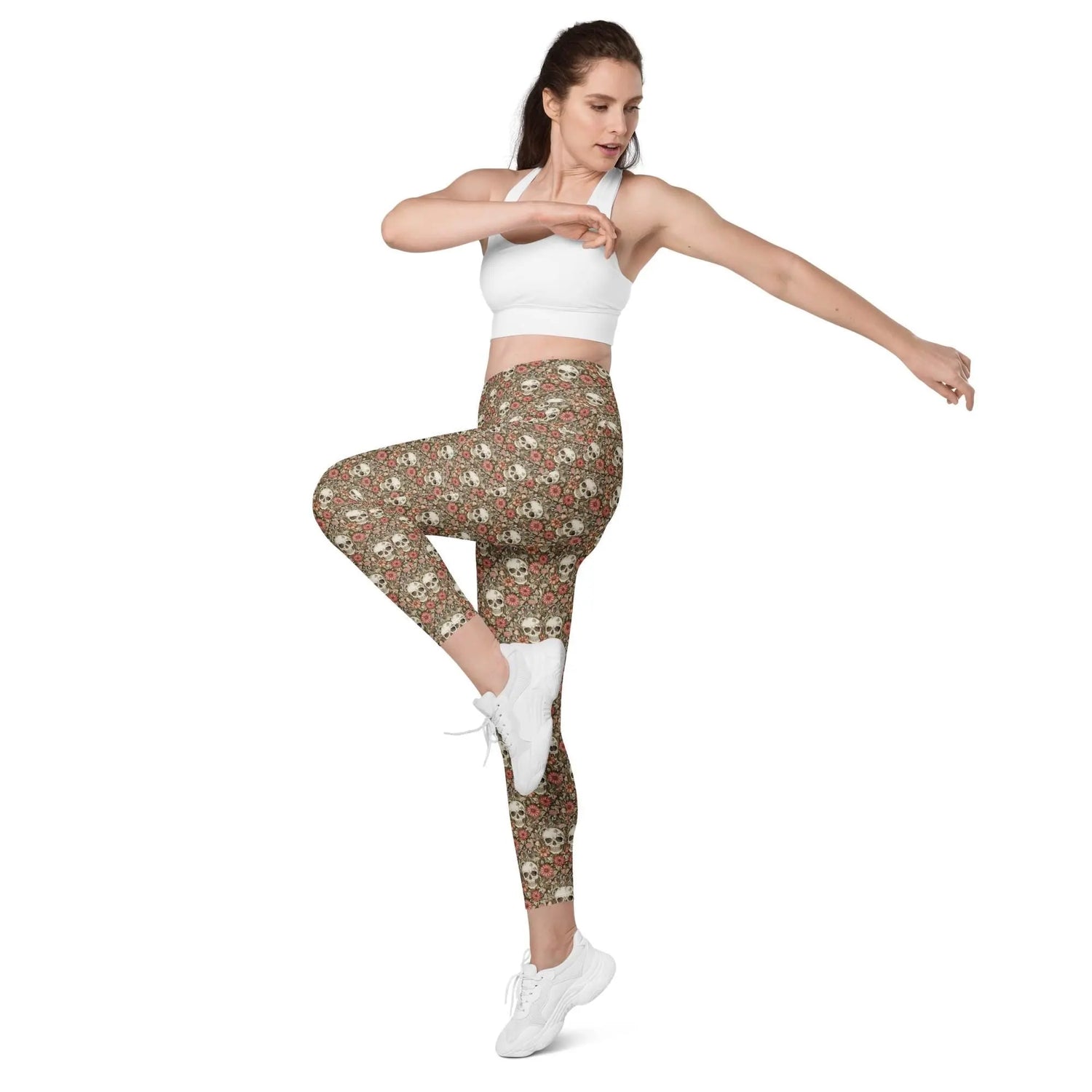 Leggings with pockets, Sugar skull day of the dead halloween themed fitted high waist all over pattern stretchy gym walking shopping pants