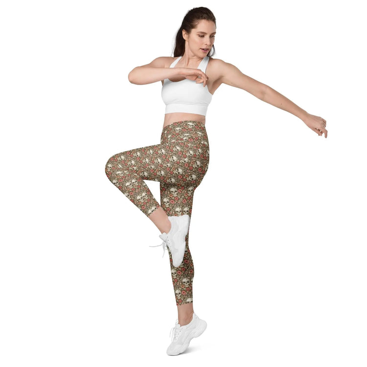 Leggings with pockets, Sugar skull day of the dead halloween themed fitted high waist all over pattern stretchy gym walking shopping pants