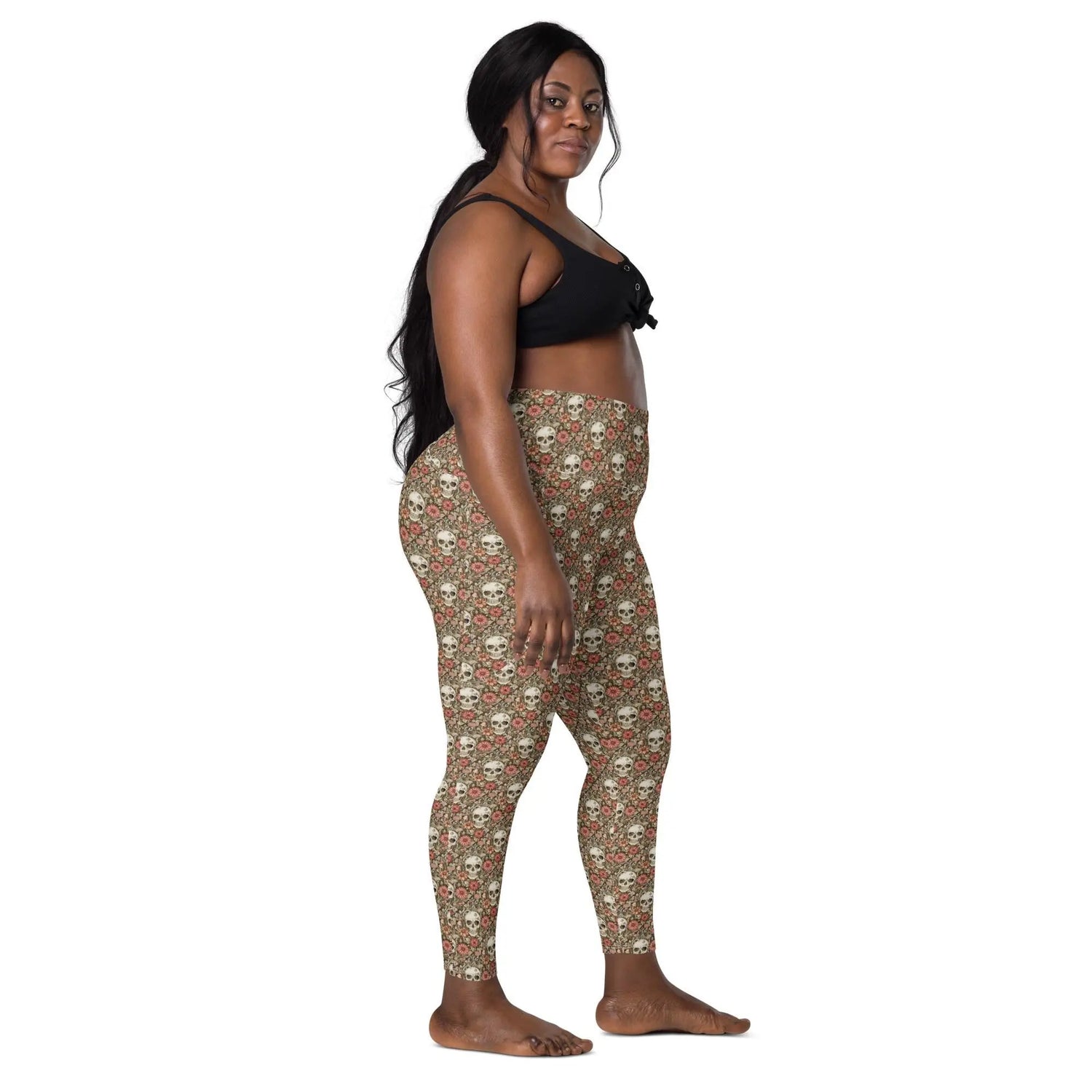 Leggings with pockets, Sugar skull day of the dead halloween themed fitted high waist all over pattern stretchy gym walking shopping pants