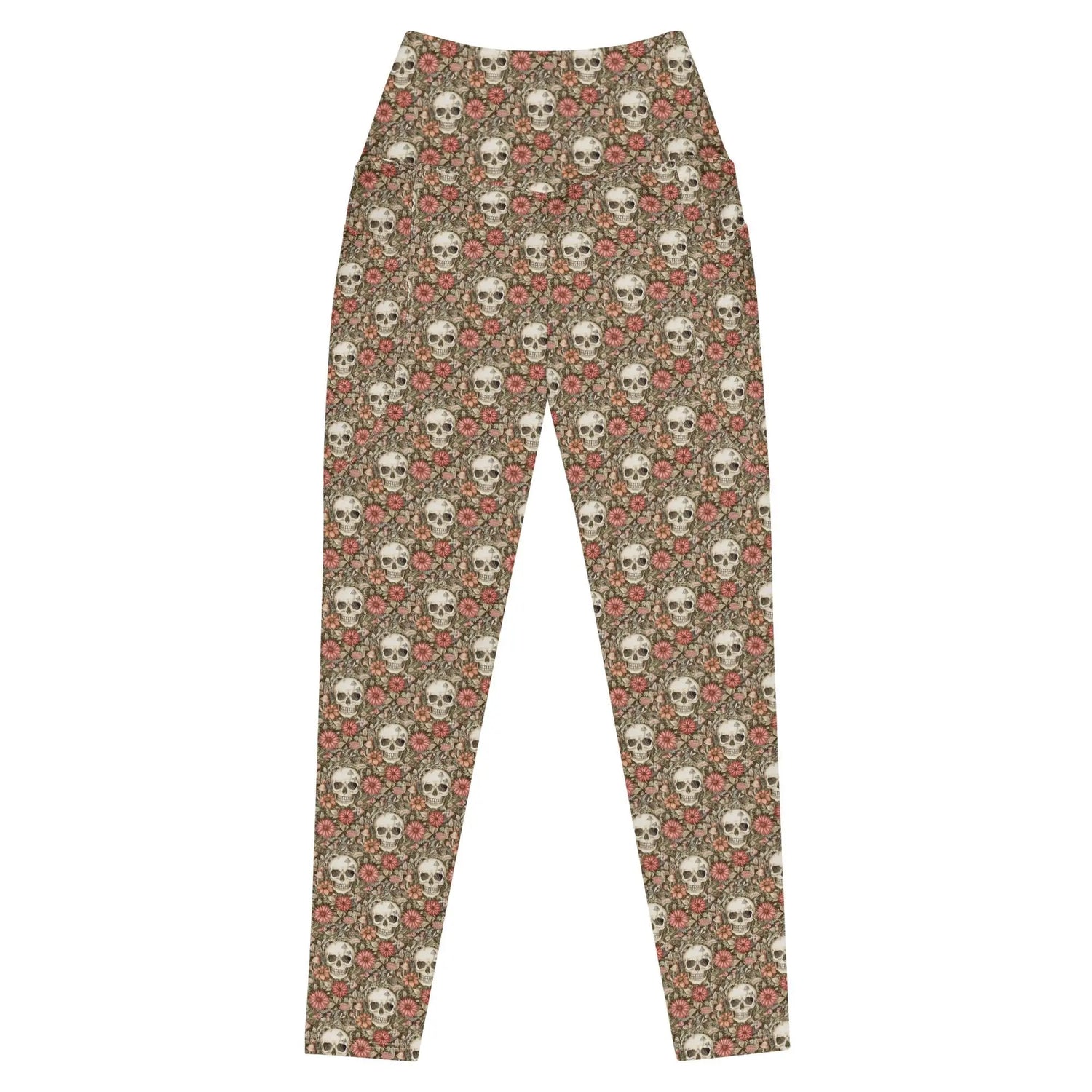 Leggings with pockets, Sugar skull day of the dead halloween themed fitted high waist all over pattern stretchy gym walking shopping pants