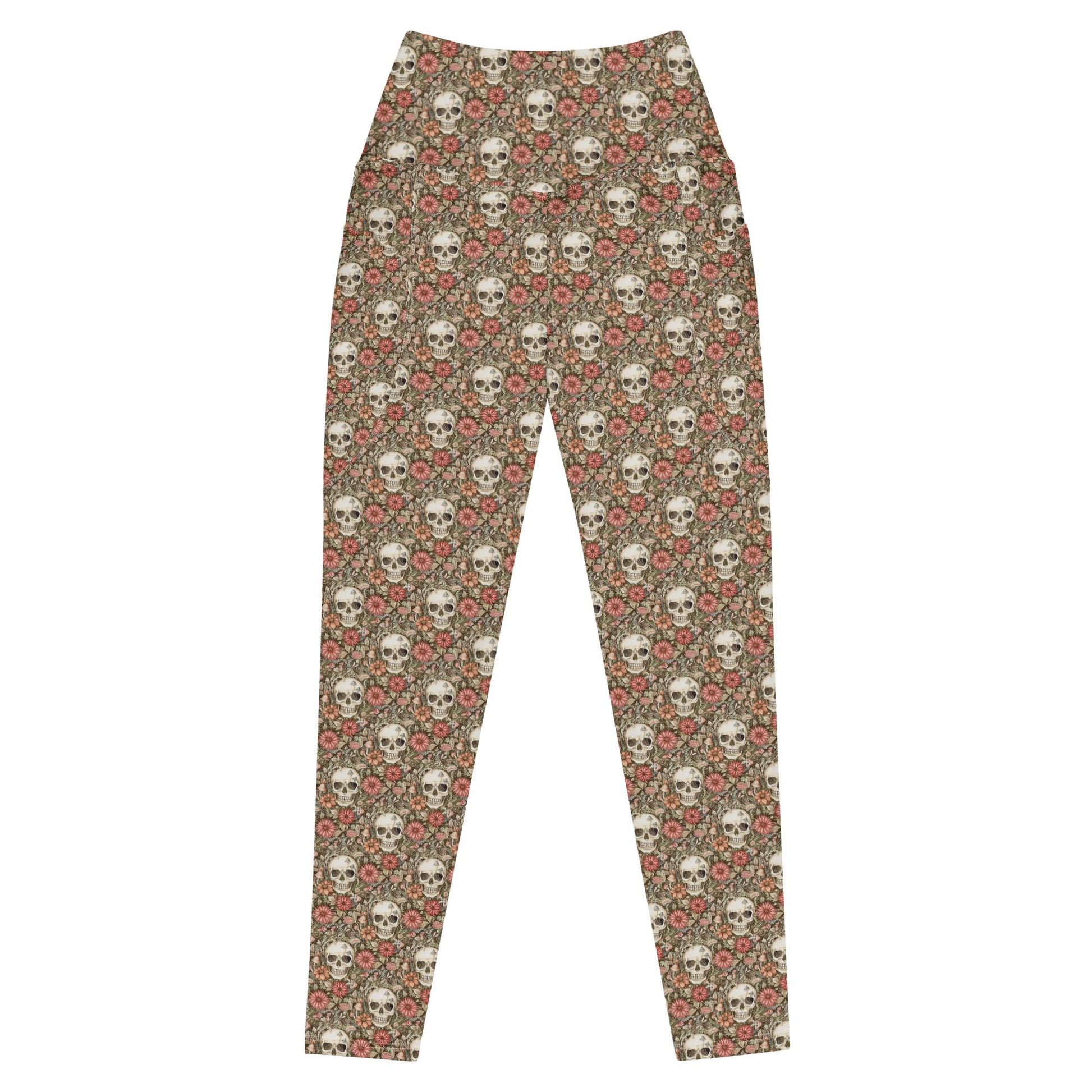 Leggings with pockets, Sugar skull day of the dead halloween themed fitted high waist all over pattern stretchy gym walking shopping pants