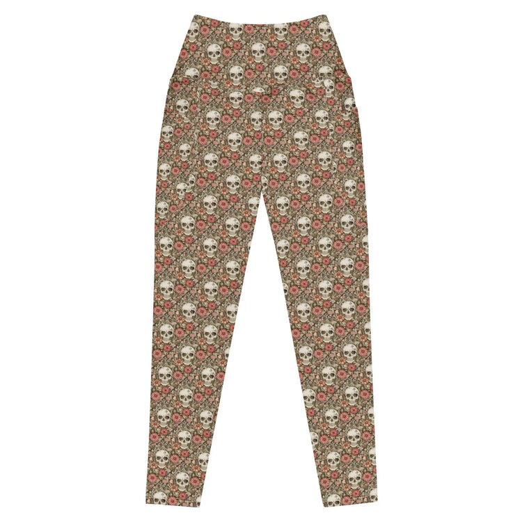 Leggings with pockets, Sugar skull day of the dead halloween themed fitted high waist all over pattern stretchy gym walking shopping pants