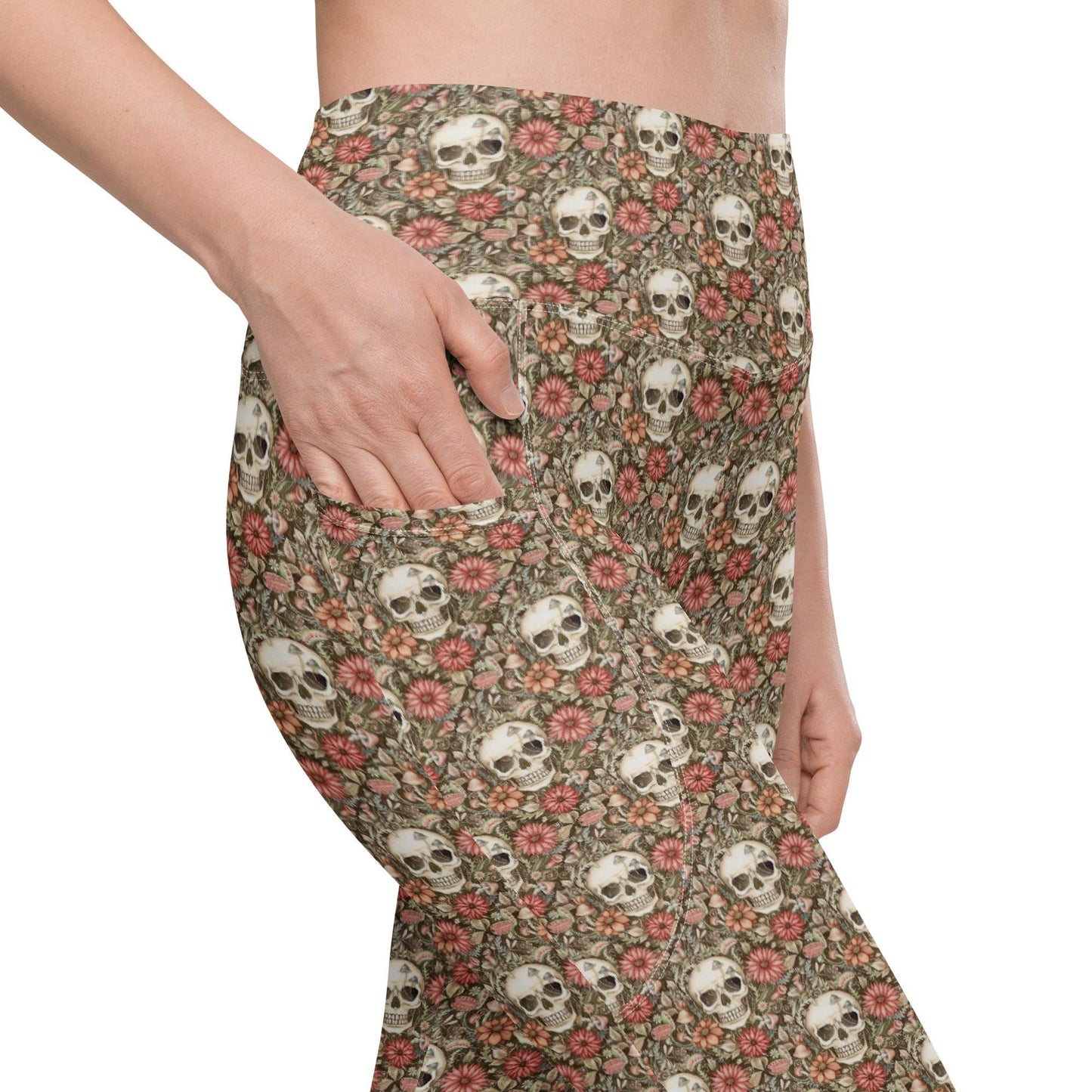 Leggings with pockets, Sugar skull day of the dead halloween themed fitted high waist all over pattern stretchy gym walking shopping pants
